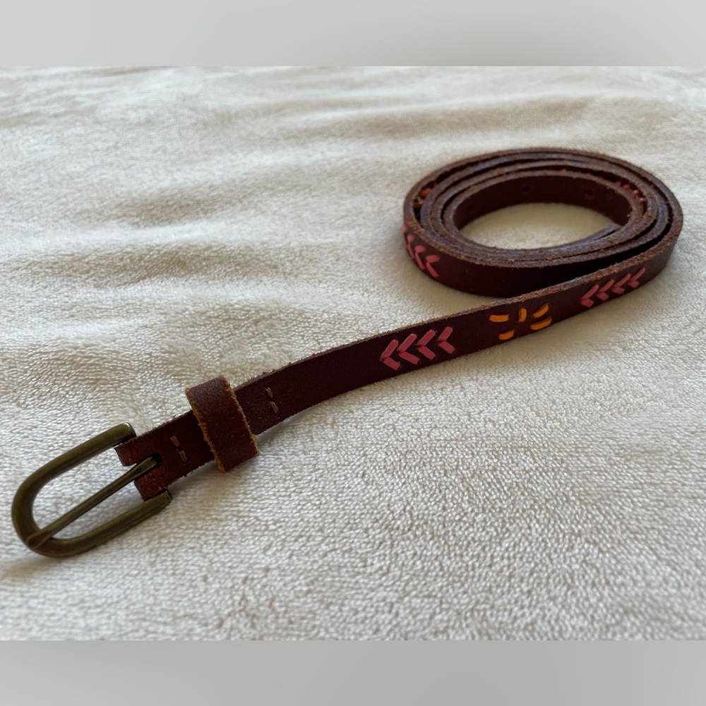 J Crew Skinny Leather Belt with Pink and Orange Stitching size medium